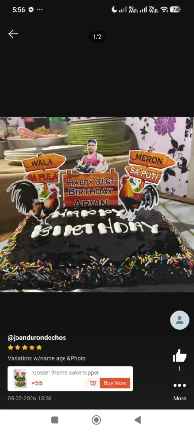 Brown rectangle cake with smooth soft icing, printed rooster and sign toppers, and colorful sprinkles Brown rectangle cake with smooth soft icing, printed rooster and sign toppers, and colorful sprinkles