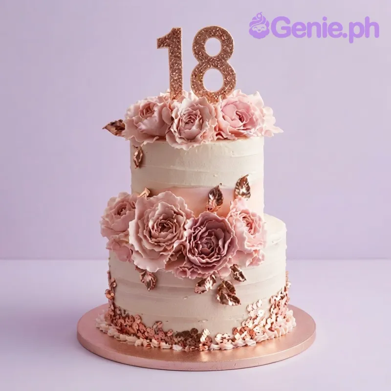 White 2-tier soft icing birthday cake with a rose gold glitter number 18 topper and pink fondant roses White 2-tier soft icing birthday cake with a rose gold glitter number 18 topper and pink fondant roses