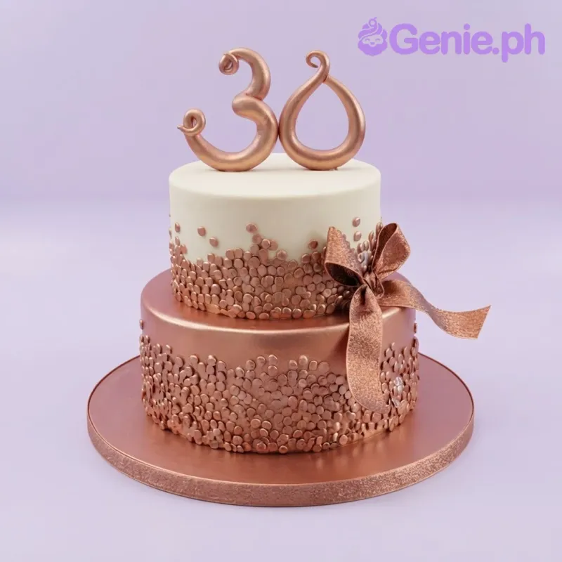 White and rose gold 2-tier fondant cake with a number thirty topper, scattered dots, and a large fabric bow White and rose gold 2-tier fondant cake with a number thirty topper, scattered dots, and a large fabric bow
