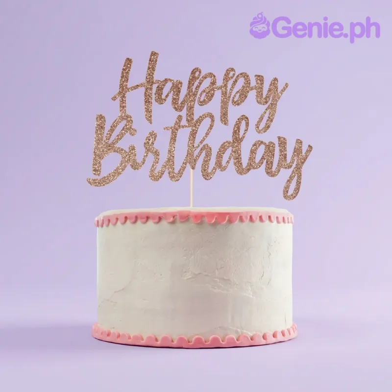 A white 1-tier cake themed Rose Gold Birthday, featuring a large rose gold Happy Birthday topper and a pink scalloped border. A white 1-tier cake themed Rose Gold Birthday, featuring a large rose gold Happy Birthday topper and a pink scalloped border.