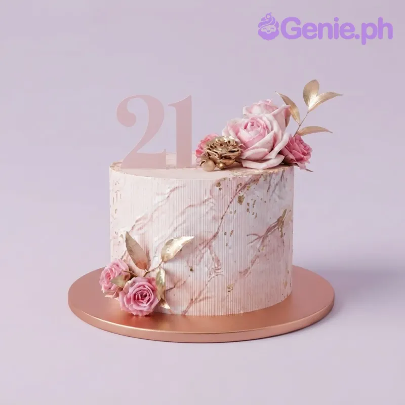 Light pink 1-tier cake with marble effect, pink roses, a gold flower, and a light pink 21 topper on a rose gold board Light pink 1-tier cake with marble effect, pink roses, a gold flower, and a light pink 21 topper on a rose gold board