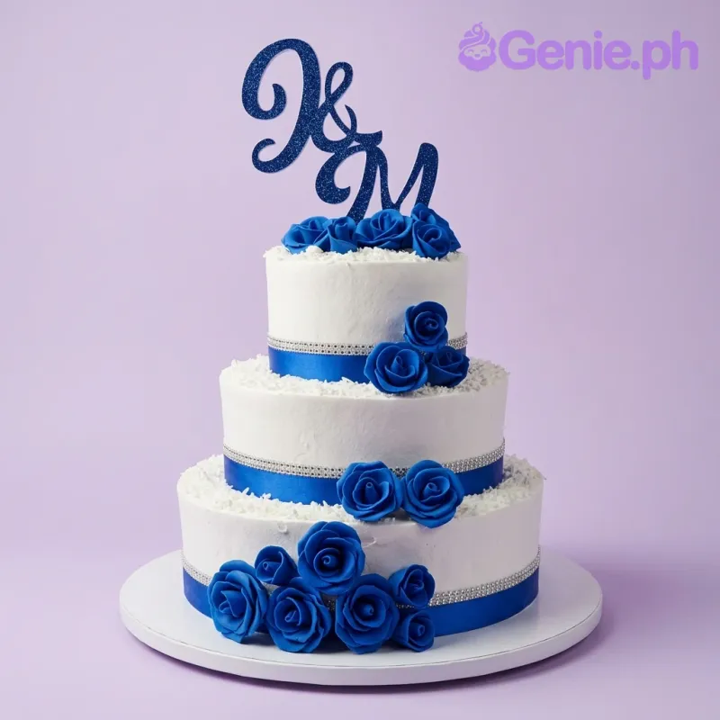 A white 3-tier Royal Blue Monogram cake with a glittery blue KM topper and royal blue roses. A white 3-tier Royal Blue Monogram cake with a glittery blue KM topper and royal blue roses.