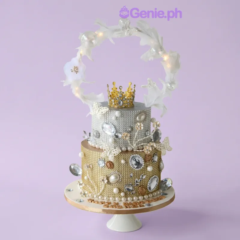 Two-tier gold and silver fondant cake with a gold crown topper and a lighted feather hoop Two-tier gold and silver fondant cake with a gold crown topper and a lighted feather hoop