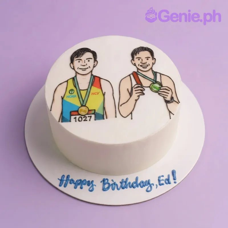 White minimalist birthday cake with hand-drawn icing illustrations of two male runners wearing medals and a blue birthday message on the base. White minimalist birthday cake with hand-drawn icing illustrations of two male runners wearing medals and a blue birthday message on the base.
