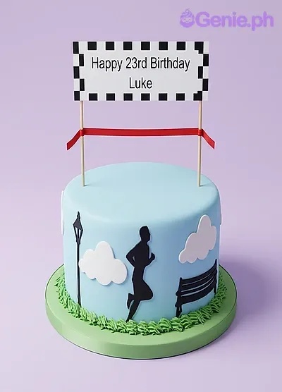 Light blue 1-tier cake with a checkered flag banner, black runner silhouette, and piped green grass border Light blue 1-tier cake with a checkered flag banner, black runner silhouette, and piped green grass border