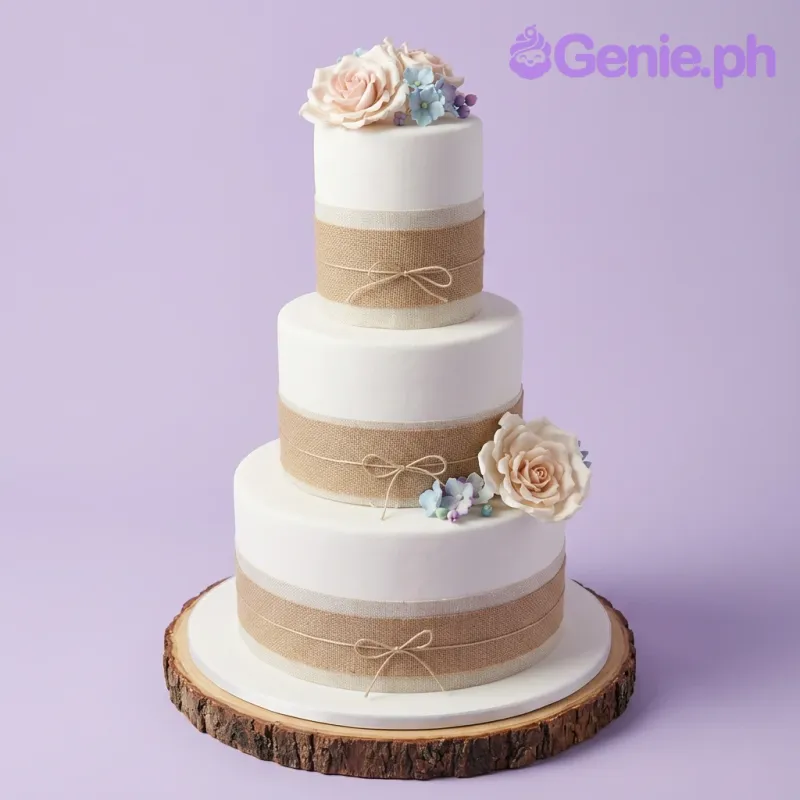 A white 3-tier fondant cake themed Rustic Wedding, with peach and blue flowers, burlap ribbons, and twine bows. A white 3-tier fondant cake themed Rustic Wedding, with peach and blue flowers, burlap ribbons, and twine bows.