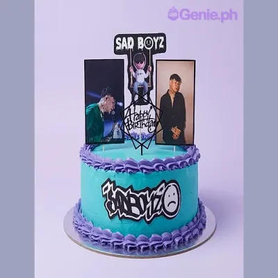 Teal 1-tier birthday cake with photo printouts and Sad Boyz logo topper Teal 1-tier birthday cake with photo printouts and Sad Boyz logo topper