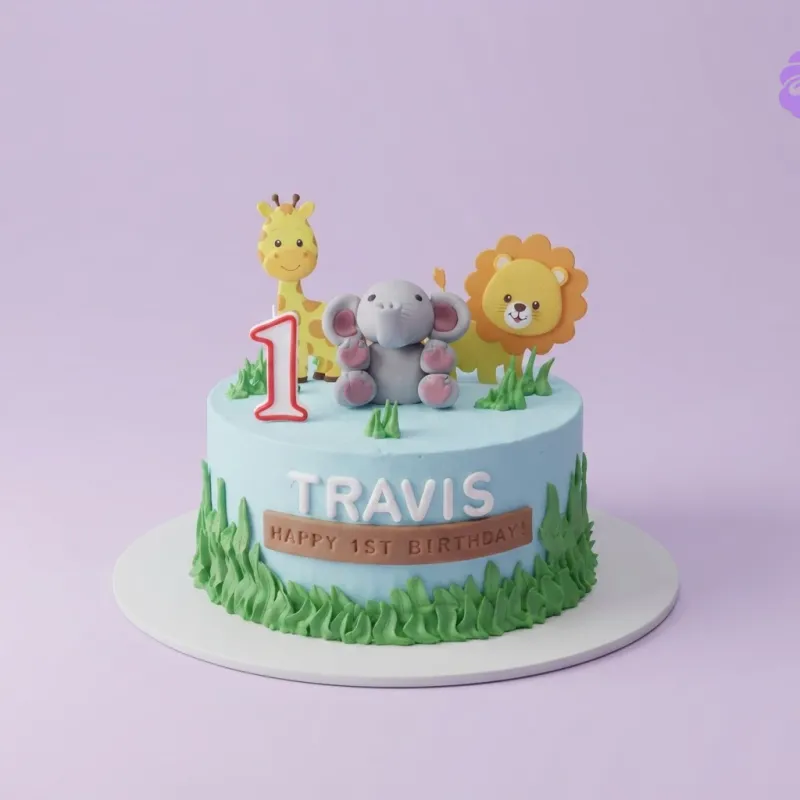 A light blue 1-tier Safari Animal cake, featuring a 3D fondant elephant, giraffe and lion printouts, with green icing grass. A light blue 1-tier Safari Animal cake, featuring a 3D fondant elephant, giraffe and lion printouts, with green icing grass.