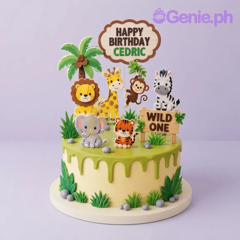 Beige and light green 1-tier soft icing cake with green drip, jungle safari animal printouts, and palm trees Beige and light green 1-tier soft icing cake with green drip, jungle safari animal printouts, and palm trees