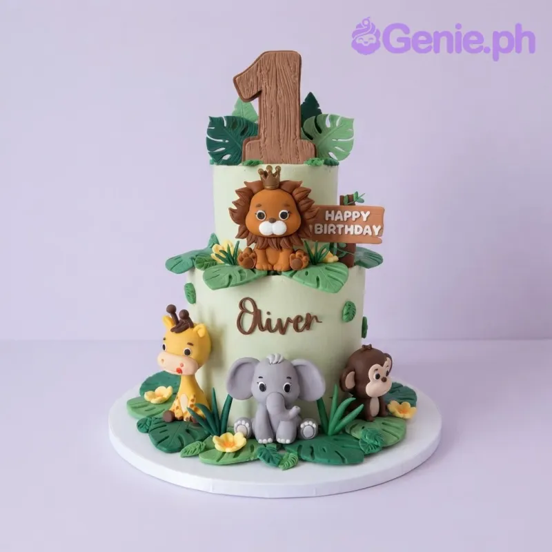 Light green 2-tier birthday cake with safari animal figurines, jungle leaves, and a wooden number one topper Light green 2-tier birthday cake with safari animal figurines, jungle leaves, and a wooden number one topper