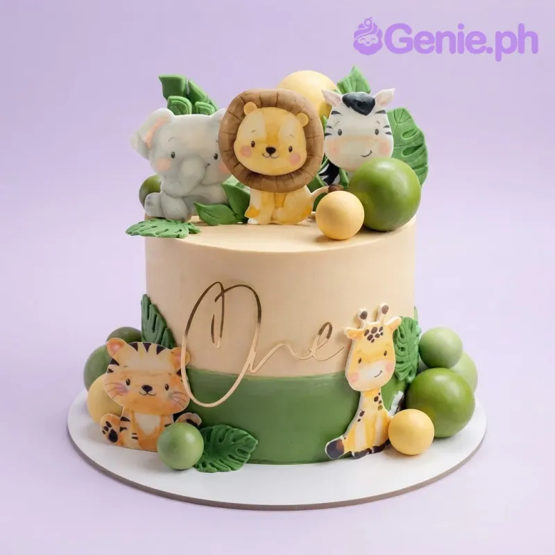 Peach and beige 1-tier cake with soft icing, Safari Jungle theme, paper animal figurines, and a gold cardstock age topper Peach and beige 1-tier cake with soft icing, Safari Jungle theme, paper animal figurines, and a gold cardstock age topper