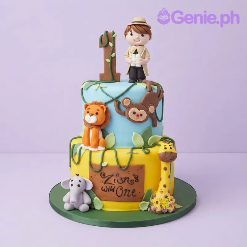 Sky blue and yellow 2-tier safari jungle birthday cake with explorer boy, lion, monkey, giraffe, and elephant figures Sky blue and yellow 2-tier safari jungle birthday cake with explorer boy, lion, monkey, giraffe, and elephant figures