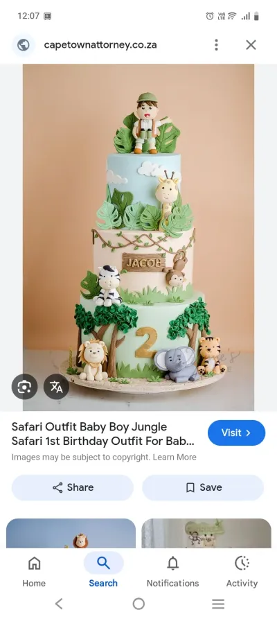 Three-tier safari-themed fondant cake with edible 3D animals including a lion, elephant, tiger, zebra, monkey, and giraffe with a safari boy topper. Three-tier safari-themed fondant cake with edible 3D animals including a lion, elephant, tiger, zebra, monkey, and giraffe with a safari boy topper.