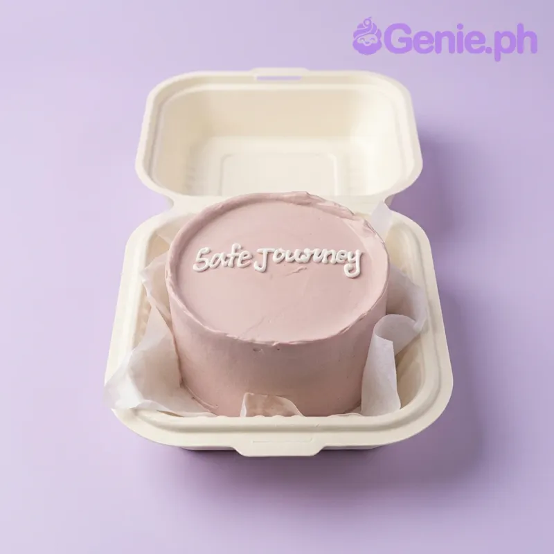 A peach bento cake, featuring a white piped icing message 'Safe Journey'. A peach bento cake, featuring a white piped icing message 'Safe Journey'.