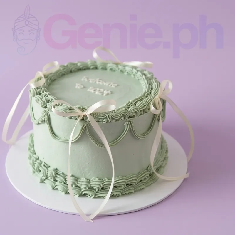 A sage green and white 1 Tier cake, minimalist theme, with piped ruffles, draped icing swags, white satin ribbon bows, and 'welcome to 2024' text. A sage green and white 1 Tier cake, minimalist theme, with piped ruffles, draped icing swags, white satin ribbon bows, and 'welcome to 2024' text.