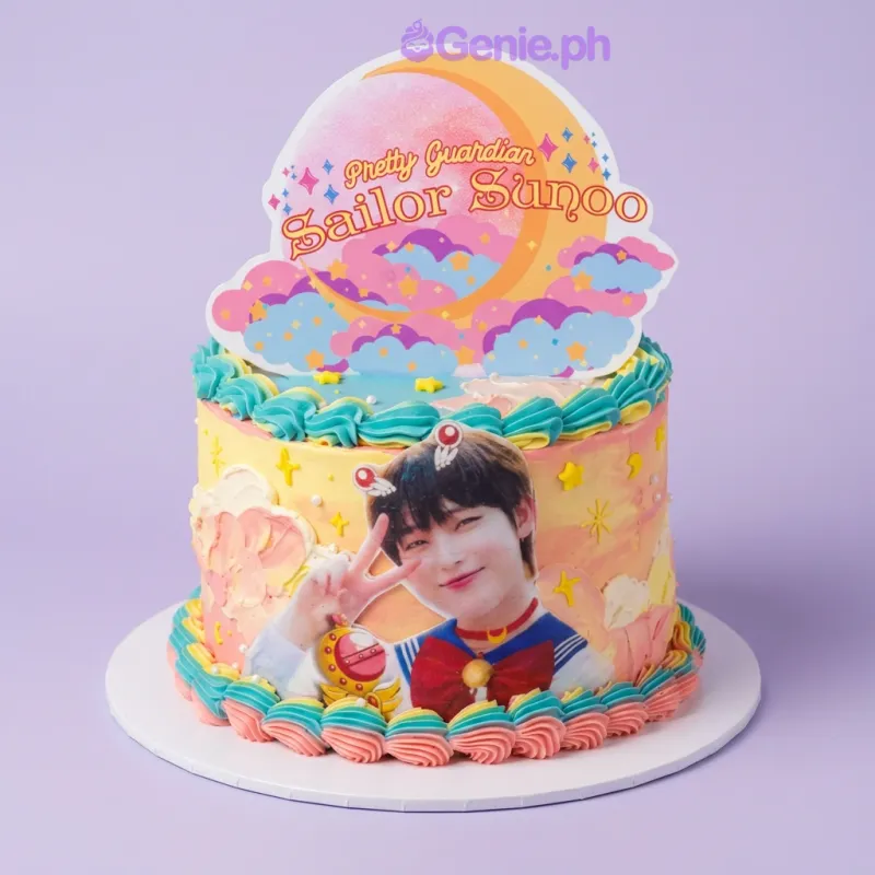 Multicolor 1-tier cake with Sailor Moon themed printout topper and character printout on the side Multicolor 1-tier cake with Sailor Moon themed printout topper and character printout on the side