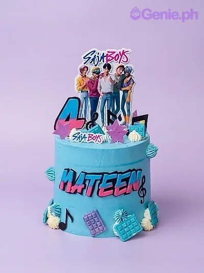 A blue 1 Tier cake themed around Saja Boys K-Pop, featuring Saja Boys printouts, a number 4, musical notes, and blue rosettes. A blue 1 Tier cake themed around Saja Boys K-Pop, featuring Saja Boys printouts, a number 4, musical notes, and blue rosettes.