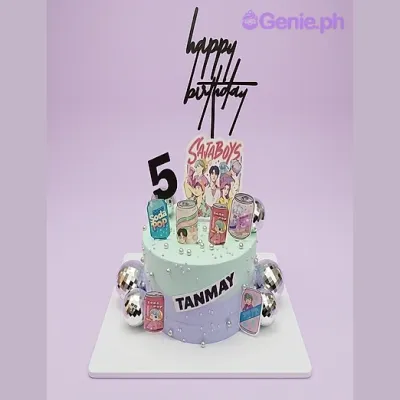 1 tier birthday cake with Sajaboys printout, soda can cutouts, and silver disco balls 1 tier birthday cake with Sajaboys printout, soda can cutouts, and silver disco balls
