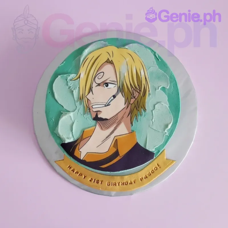 A white, teal, and light green 1 Tier cake themed Sanji One Piece, featuring a hand-painted Sanji portrait and a gold message banner. A white, teal, and light green 1 Tier cake themed Sanji One Piece, featuring a hand-painted Sanji portrait and a gold message banner.