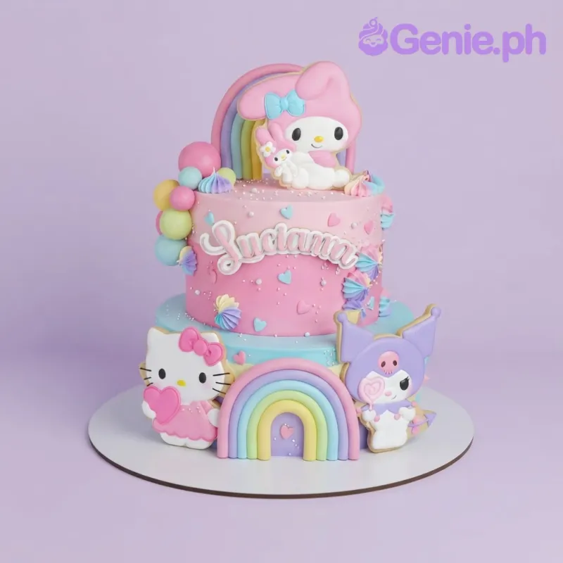 Light pink 2-tier gradient cake with soft icing, Sanrio character toppers, and pastel meringue kisses Light pink 2-tier gradient cake with soft icing, Sanrio character toppers, and pastel meringue kisses