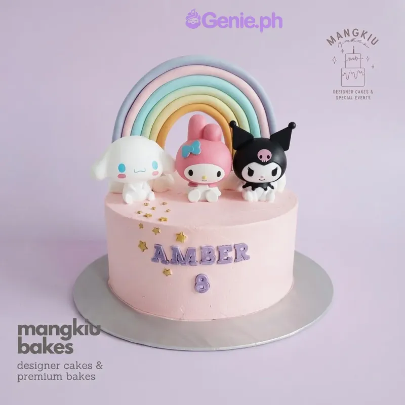 Pink 1-tier soft icing cake with Sanrio character figures, a pastel rainbow arch, and gold star accents Pink 1-tier soft icing cake with Sanrio character figures, a pastel rainbow arch, and gold star accents