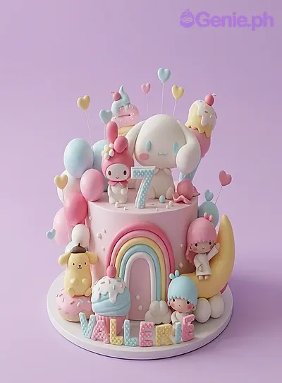 Pink 1-tier fondant cake with Sanrio character figures including Cinnamoroll and My Melody with a rainbow and moon topper Pink 1-tier fondant cake with Sanrio character figures including Cinnamoroll and My Melody with a rainbow and moon topper