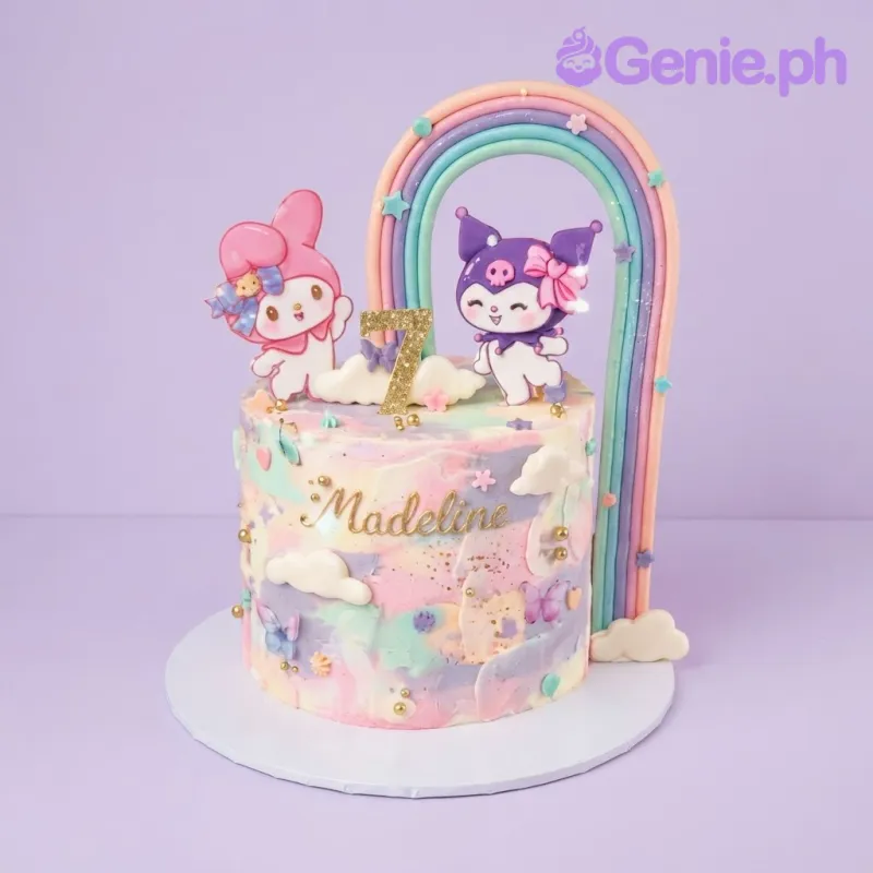 Pastel pink 1-tier cake with soft icing, Sanrio character printouts, and a rainbow arch topper Pastel pink 1-tier cake with soft icing, Sanrio character printouts, and a rainbow arch topper