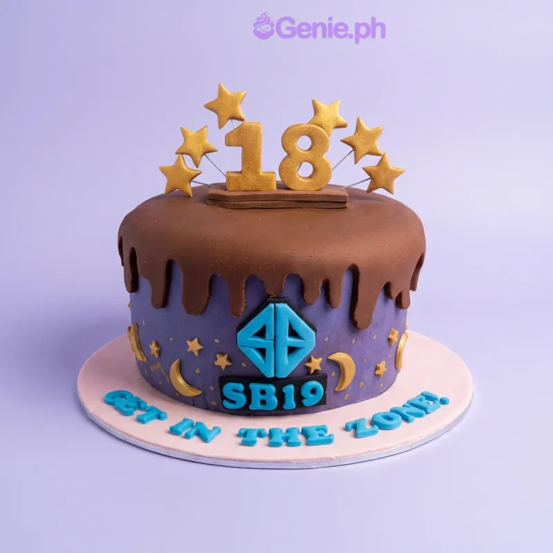 Purple 1-tier birthday cake with chocolate drip, gold glitter 18 topper, and SB19 logo Purple 1-tier birthday cake with chocolate drip, gold glitter 18 topper, and SB19 logo