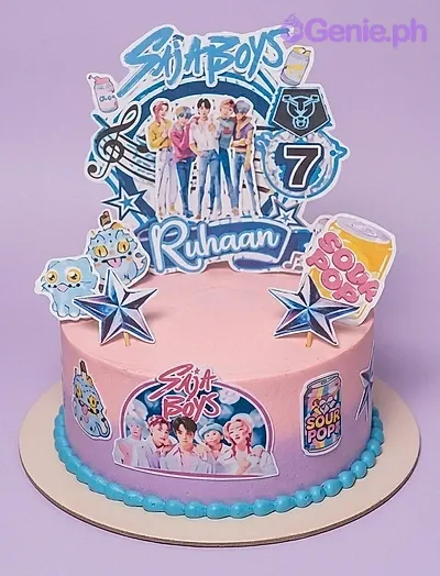 A pink and purple gradient 1-tier cake themed around SB19 Kpop, featuring printout toppers of members, stars, and a name banner. A pink and purple gradient 1-tier cake themed around SB19 Kpop, featuring printout toppers of members, stars, and a name banner.