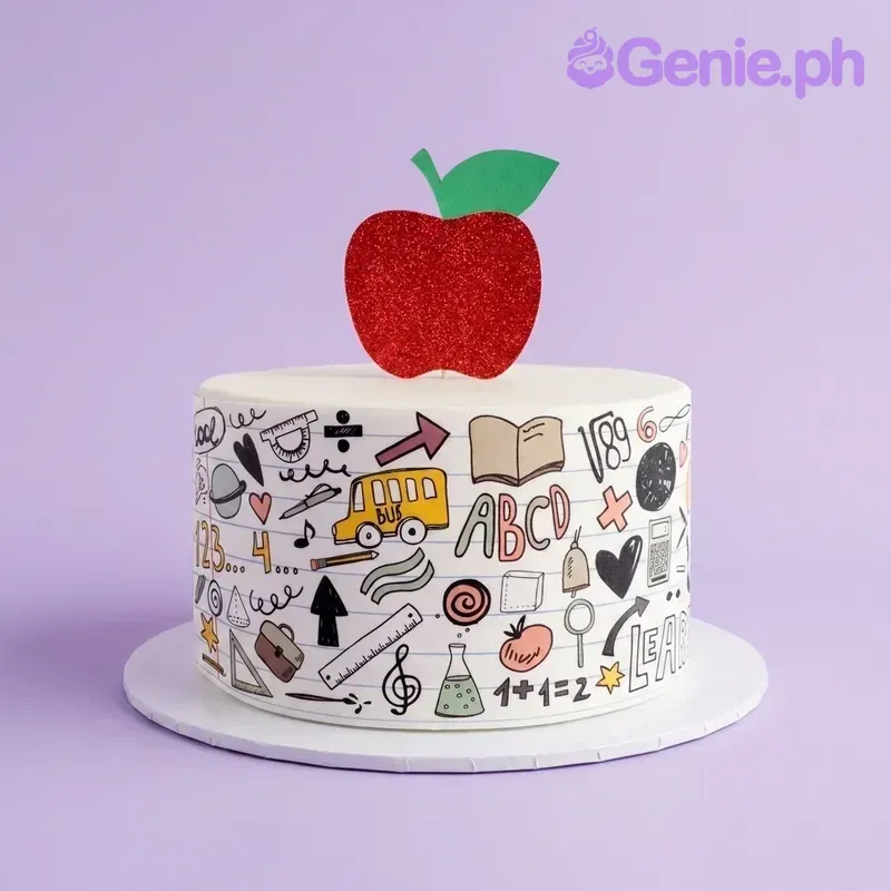 A white 1 Tier Fondant cake themed around School Teacher, featuring a large red glitter apple topper and printed school-themed doodles. A white 1 Tier Fondant cake themed around School Teacher, featuring a large red glitter apple topper and printed school-themed doodles.