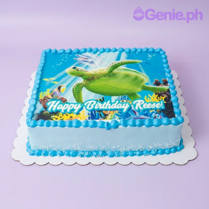 A light blue rectangular cake themed around sea turtles, featuring an edible photo print and blue icing borders. A light blue rectangular cake themed around sea turtles, featuring an edible photo print and blue icing borders.