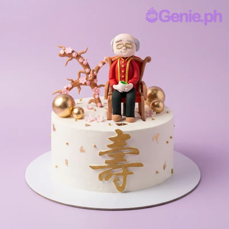 A white 1-tier Senior Birthday cake, featuring an elderly man figure, a cherry blossom tree, and gold accents. A white 1-tier Senior Birthday cake, featuring an elderly man figure, a cherry blossom tree, and gold accents.