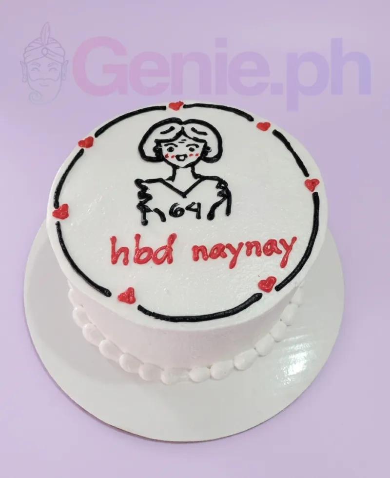 A white and red 1-tier cake themed for a Senior Birthday, featuring a hand-drawn woman illustration and 'hbd naynay' text. A white and red 1-tier cake themed for a Senior Birthday, featuring a hand-drawn woman illustration and 'hbd naynay' text.