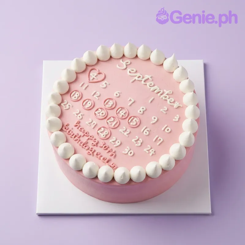 A pink 1-tier cake with a calendar design highlighting September 4th, personalized text, and a white icing dollop border. A pink 1-tier cake with a calendar design highlighting September 4th, personalized text, and a white icing dollop border.