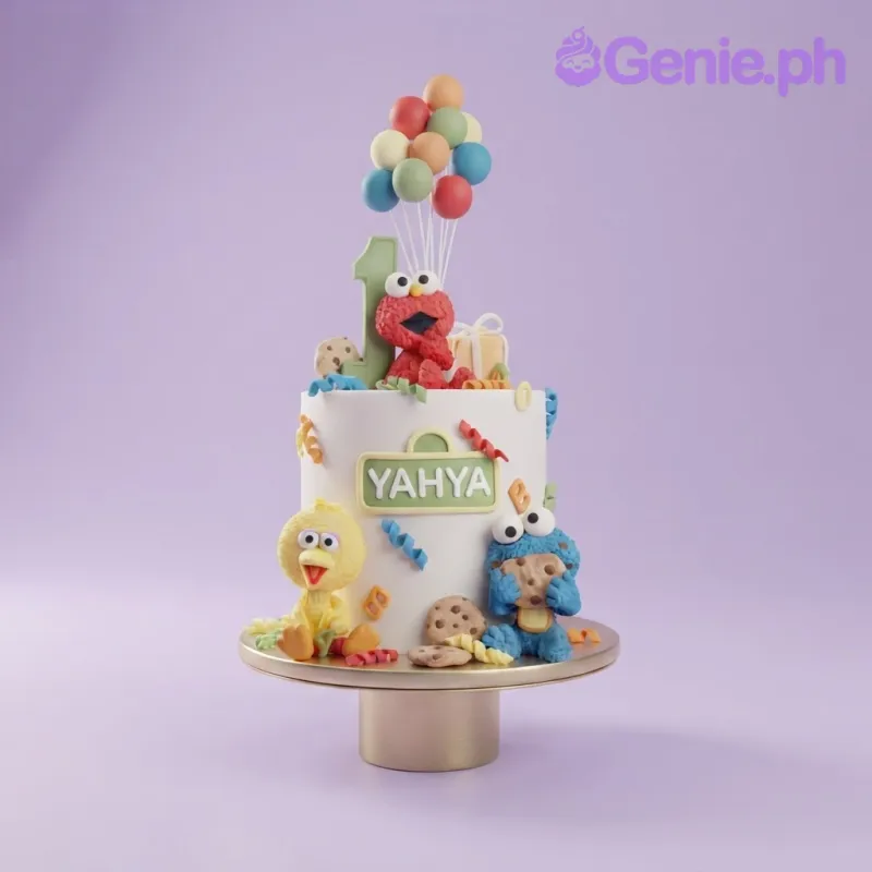 White fondant cake featuring Elmo, Big Bird, and Cookie Monster figures with a number one and balloon topper White fondant cake featuring Elmo, Big Bird, and Cookie Monster figures with a number one and balloon topper
