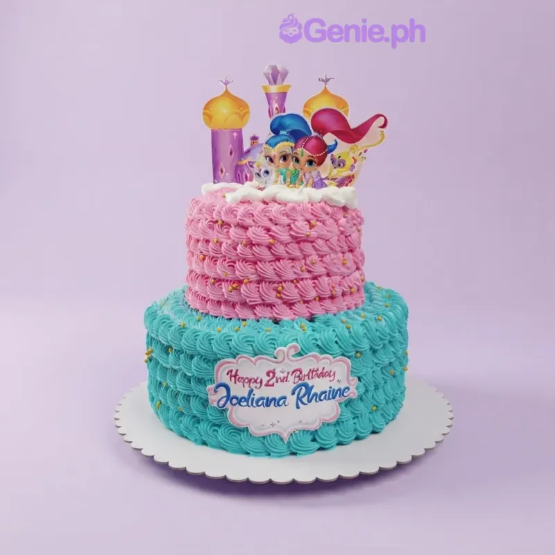 Pink and teal 2-tier cake themed around Shimmer and Shine, featuring character printouts, ruffled icing, and gold dragees. Pink and teal 2-tier cake themed around Shimmer and Shine, featuring character printouts, ruffled icing, and gold dragees.