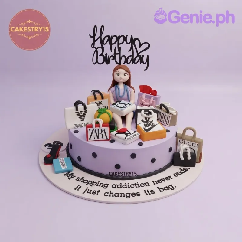 Lavender 1-tier cake with smooth soft icing, black polka dots, shopping bag toppers, and a black cardstock happy birthday sign Lavender 1-tier cake with smooth soft icing, black polka dots, shopping bag toppers, and a black cardstock happy birthday sign
