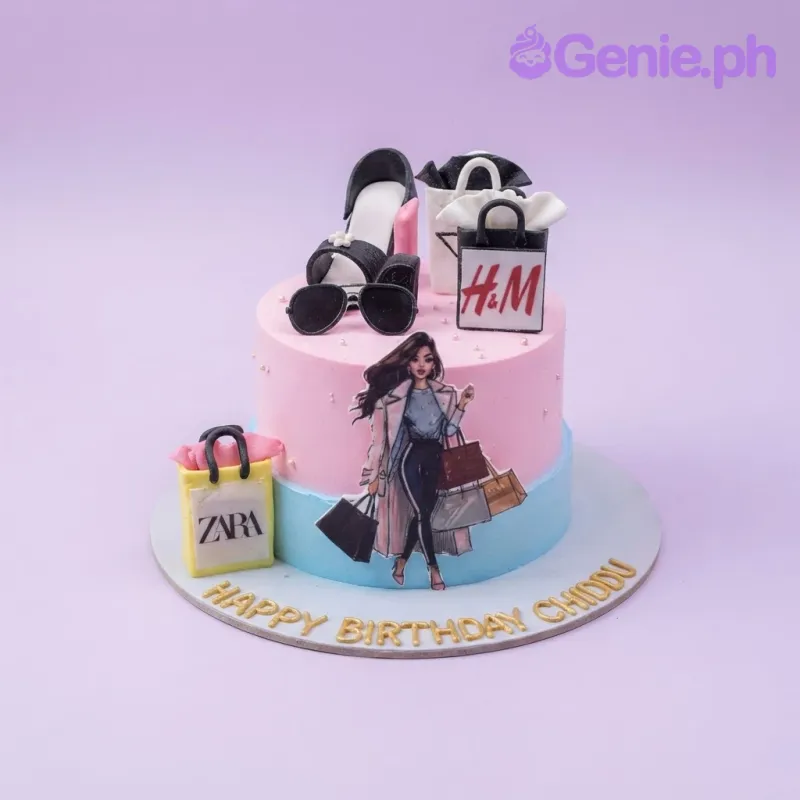 Pink 1-tier cake with soft pink icing, a fashion woman figure, and shopping bag toppers Pink 1-tier cake with soft pink icing, a fashion woman figure, and shopping bag toppers