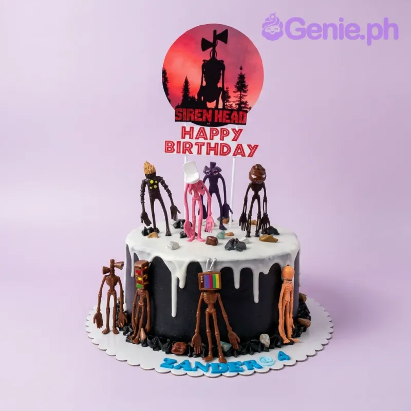 A black and white 1-Tier cake themed around Siren Head, featuring Siren Head character figures and a logo topper, with fondant rocks. A black and white 1-Tier cake themed around Siren Head, featuring Siren Head character figures and a logo topper, with fondant rocks.