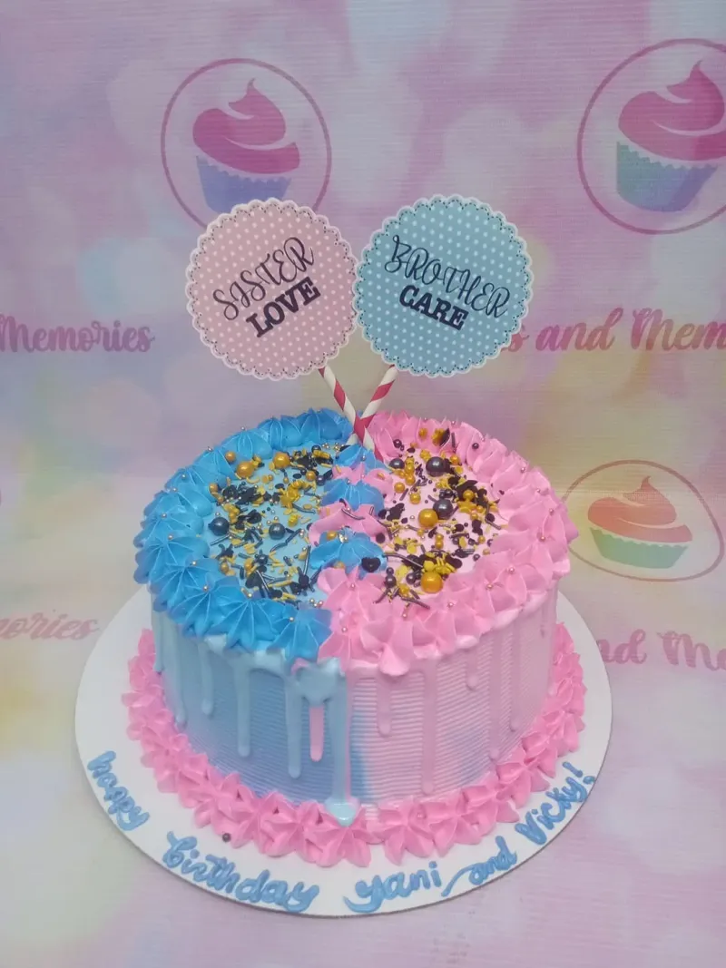 A blue and pink 1-tier cake themed around Sister Love And Brother Care, with Sister Love and Brother Care toppers, rosettes, and sprinkles. A blue and pink 1-tier cake themed around Sister Love And Brother Care, with Sister Love and Brother Care toppers, rosettes, and sprinkles.