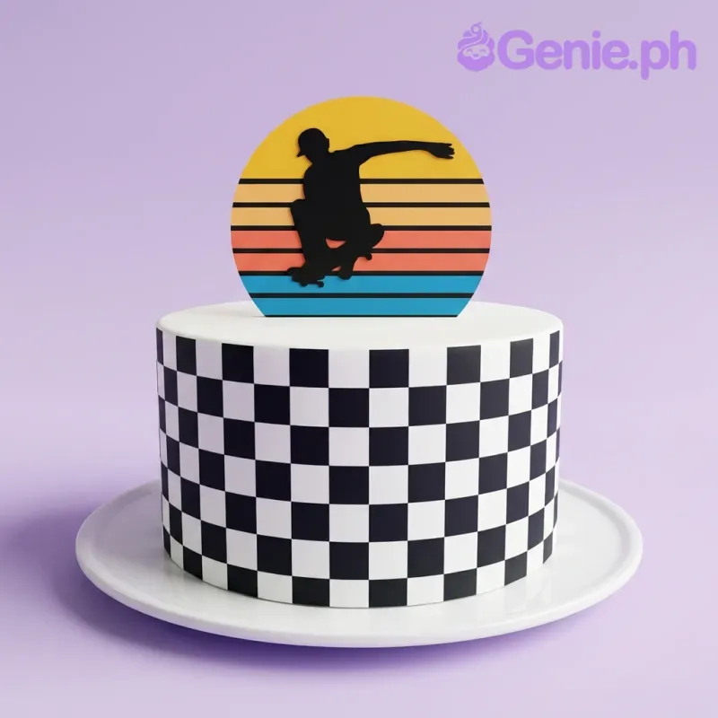A white 1 Tier Fondant cake themed around Skateboarder, featuring a sunset skateboarder printout and a black and white checkered pattern wrap. A white 1 Tier Fondant cake themed around Skateboarder, featuring a sunset skateboarder printout and a black and white checkered pattern wrap.