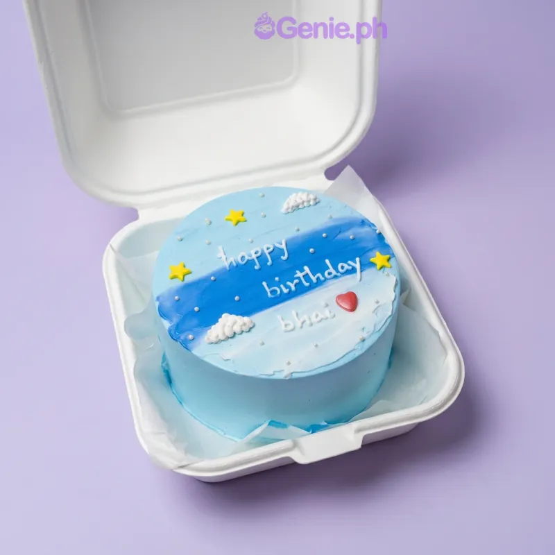 A blue and white bento cake with a sky theme, featuring white clouds, yellow stars, a red heart, and 'happy birthday bhai' text. A blue and white bento cake with a sky theme, featuring white clouds, yellow stars, a red heart, and 'happy birthday bhai' text.