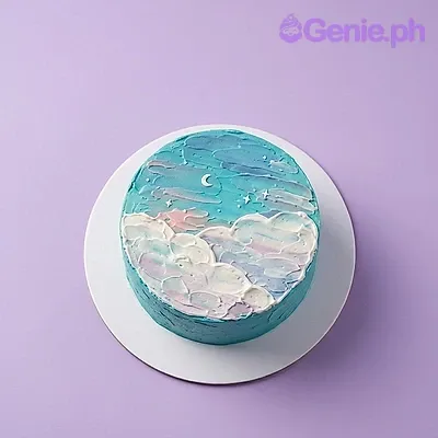 A blue and white Bento cake, Sky Palette Knife themed, with painted clouds, a small moon, and stars. A blue and white Bento cake, Sky Palette Knife themed, with painted clouds, a small moon, and stars.