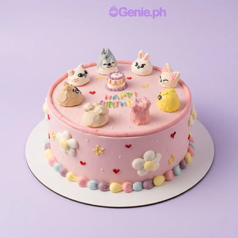 Pink 1-tier birthday cake with 8 SKZOO character fondant toppers and piped flower decorations Pink 1-tier birthday cake with 8 SKZOO character fondant toppers and piped flower decorations