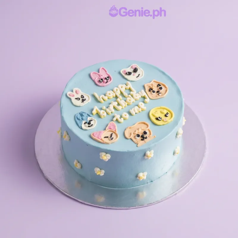Light blue 1-tier birthday cake with SKZOO character printouts and piped Happy Birthday message Light blue 1-tier birthday cake with SKZOO character printouts and piped Happy Birthday message