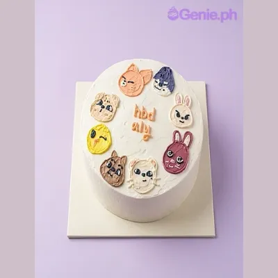SKZOO Birthday cake design — 1 layer soft icing cake in white — with piped character faces, and custom "hbd only" message SKZOO Birthday cake design — 1 layer soft icing cake in white — with piped character faces, and custom "hbd only" message