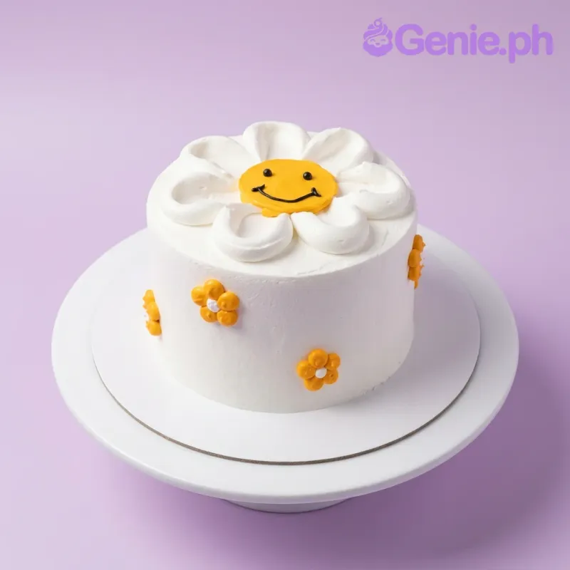 A white, yellow, and orange 1 Tier cake themed around Smiley Daisy, featuring a large yellow smiley face daisy and small orange icing flowers. A white, yellow, and orange 1 Tier cake themed around Smiley Daisy, featuring a large yellow smiley face daisy and small orange icing flowers.