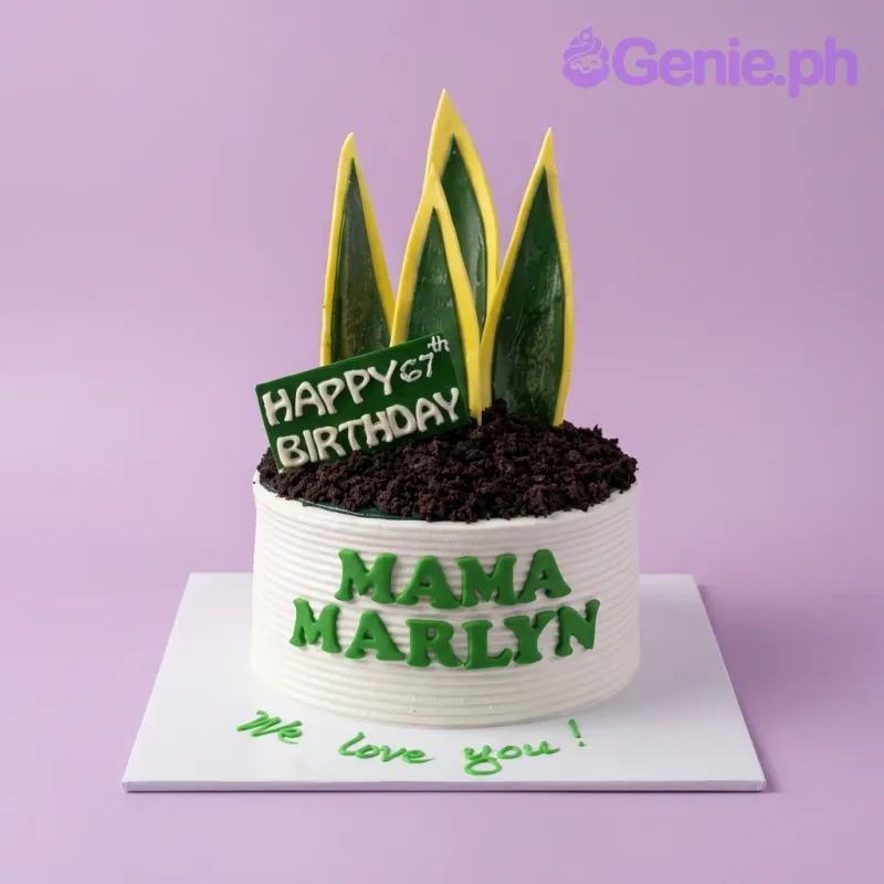 A white 1-tier cake with green and yellow snake plant toppers, chocolate soil, green gumpaste letters, and a birthday sign. A white 1-tier cake with green and yellow snake plant toppers, chocolate soil, green gumpaste letters, and a birthday sign.