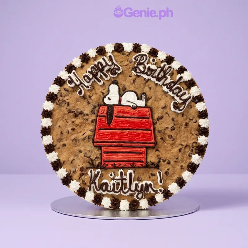 One tier cake, white soft icing, Snoopy on doghouse graphic, black piped border, black piped message One tier cake, white soft icing, Snoopy on doghouse graphic, black piped border, black piped message