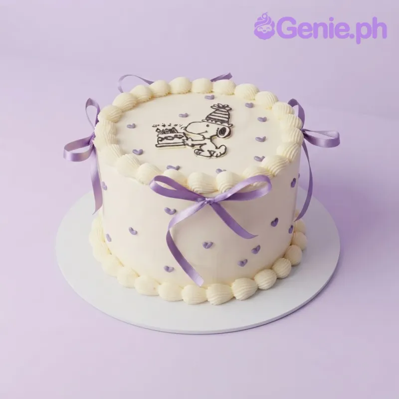 Light yellow 1-tier soft icing cake with a Snoopy hand-drawn doodle, purple piped hearts, and satin bows Light yellow 1-tier soft icing cake with a Snoopy hand-drawn doodle, purple piped hearts, and satin bows